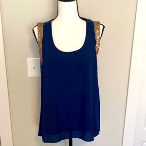 Blu Pepper||Navy sleeveless top with bronze sequin accent on shoulders